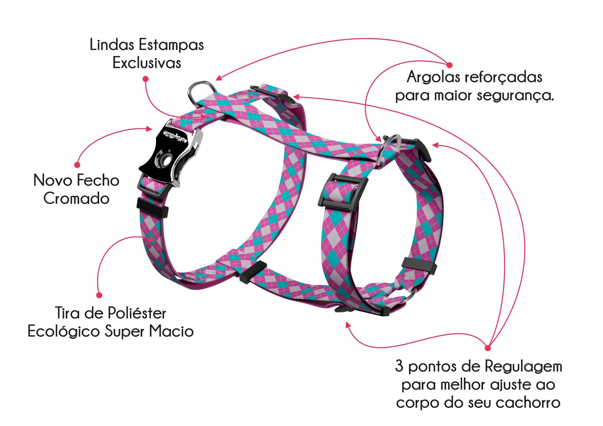 Multipatas Peitorais H em Poliéster Ecológico Altamente Resistentes, Facilmente Ajustáveis e com Estampas Incríveis e Personalizáveis Multipatas Peitorais H em Poliéster Ecológico Altamente Resistentes, Facilmente Ajustáveis e com Estampas Incríveis e Personalizáveis